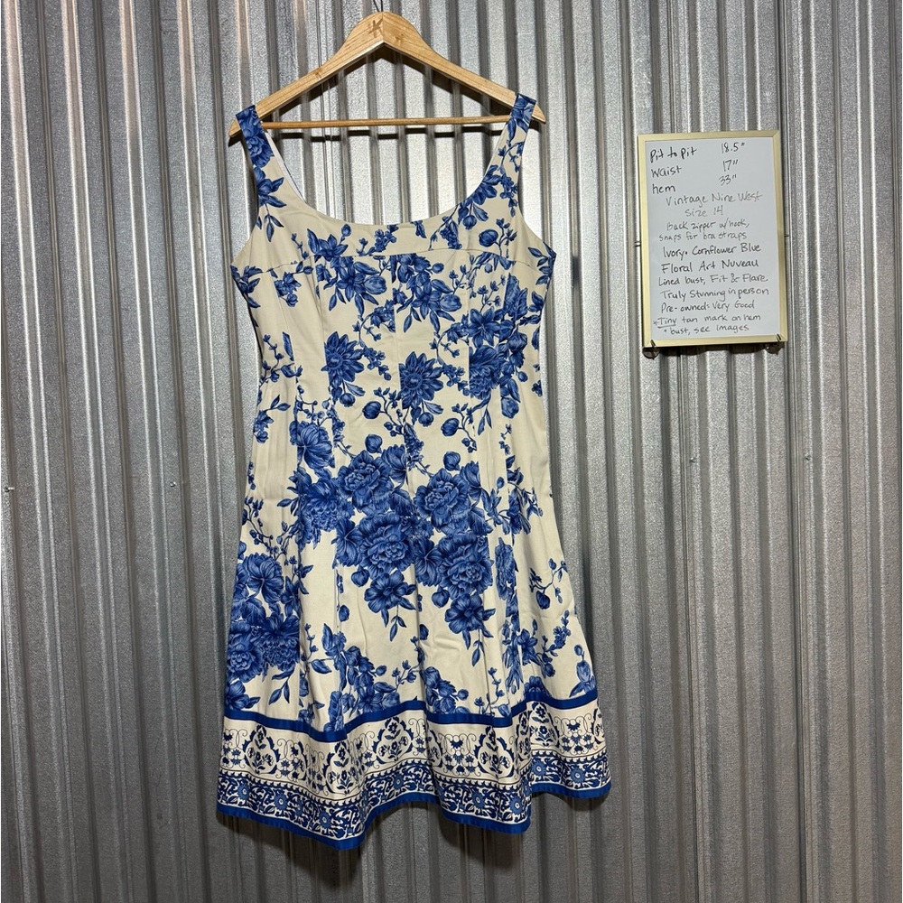 Size 14 Nine West Blue Floral Dress, Like New - Bridgerton Garden Girl Aesthetic